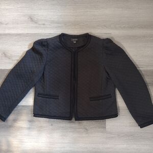 Ann Taylor Black Quilted Puffed Sleeve Jacket With Tweeded Trim